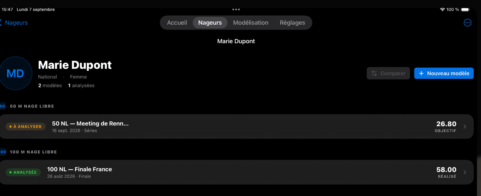 Capture d'écran du profil d'une nageuse avec ses modèles et courses